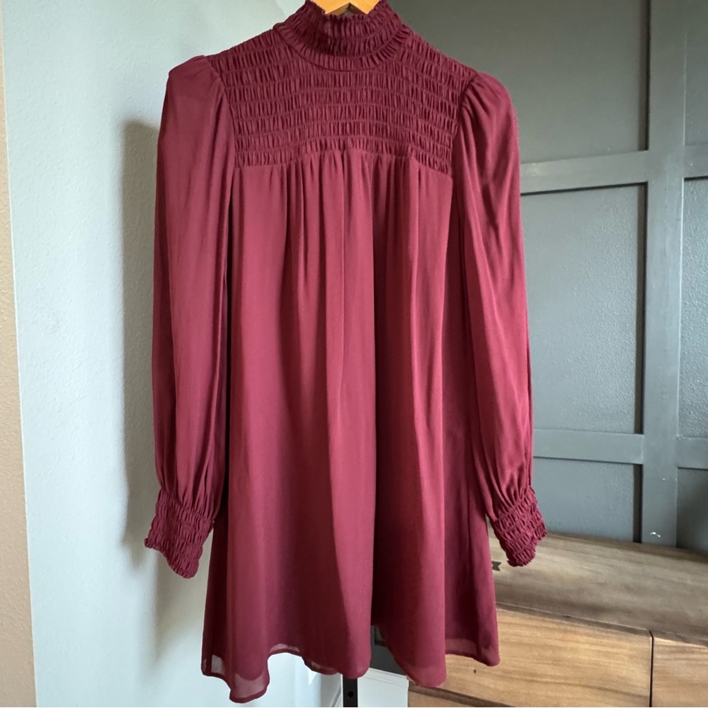 Reformation Dress Long Sleeve Mock Neck Pleated Shift Burgundy XS - Picture 2 of 16